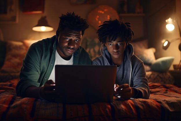 Foto abrazando la educación un estudiante afroamericano encuentra consuelo y conocimiento en medio de la tecnología en casa