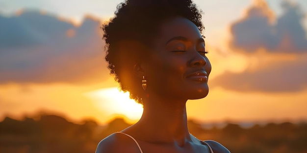 Abrazando el espíritu despreocupado de una mujer negra en el suave resplandor de una puesta de sol concepto mujer negra despreocupada espíritu puesta de sol brillo abrazar suave