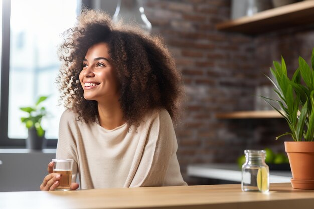 Foto abrazando un estilo de vida saludable mujer afroamericana alegre disfrutando de suplementos dietéticos en su hogar