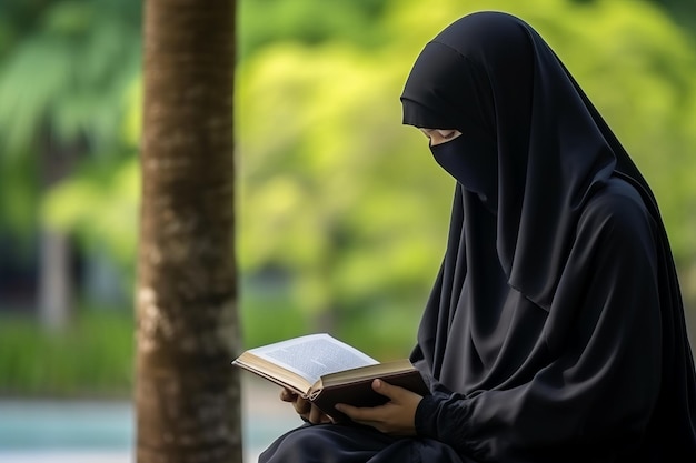 Foto abrazando la fe una hermosa mujer musulmana asiática encuentra consuelo en el corán al aire libre