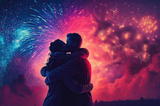 Abrazando felicidad pareja joven mientras los fuegos artificiales colorean el cielo