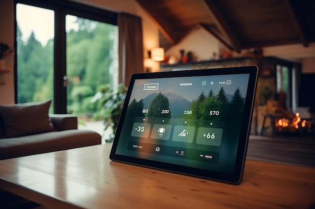 Foto abrazando el futuro control de hogar inteligente a su alcance en una elegante mesa de madera