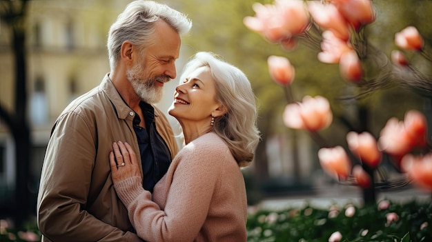 Foto abrazando el futuro una pareja romántica y madura comparten la felicidad paseando por un parque de la ciudad en primavera