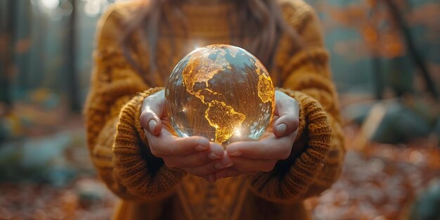 Foto abrazando un globo de cristal que simboliza la conectividad global y el concepto de enfoque de la energía ecológica globo de cristal de conectividad mundial simbolismo de energía ecológica sesión de fotos