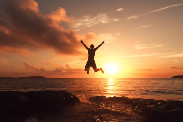 Abrazando la libertad un hombre intrépido salta al majestuoso mar al atardecer