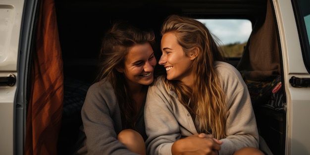 Abrazando la libertad Lesbianas Vanlifers disfrutando del amor Felicidad de verano