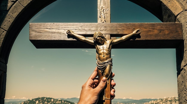 Abrazando las manos de la fe sosteniendo una cruz religiosa