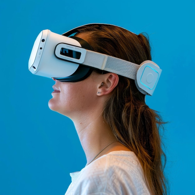 Abrazando a la mujer de la frontera virtual que se involucra con gafas de realidad virtual en fondo azul