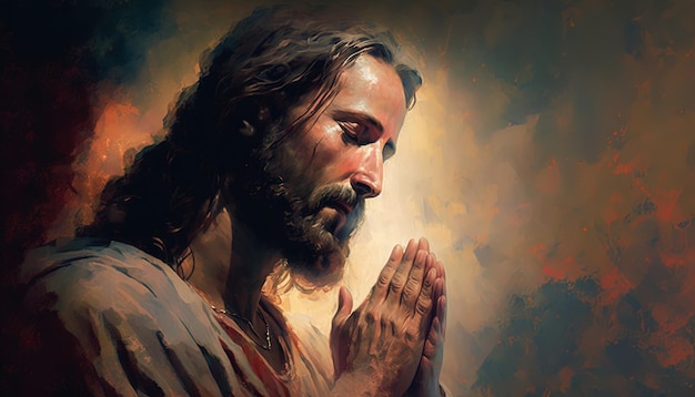 Abrazando a la Serenidad Jesús en Oración con las Manos Abiertas y los Ojos Cerrados IA Generativa