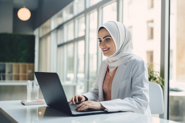 Abrazando la tecnología Una mujer médica alegre usando eficientemente un cuaderno en su clínica