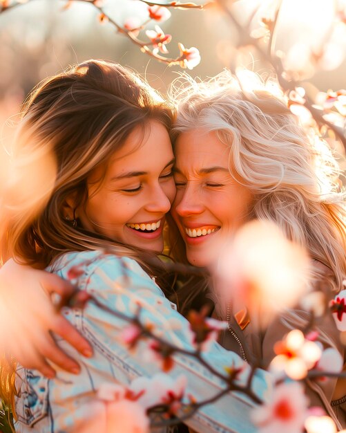 Foto un abrazo amoroso entre una madre y una hija adolescente al atardecer