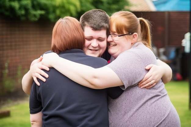 Abrazo de autismo y pareja con apoyo para problemas de aprendizaje en una relación terapéutica