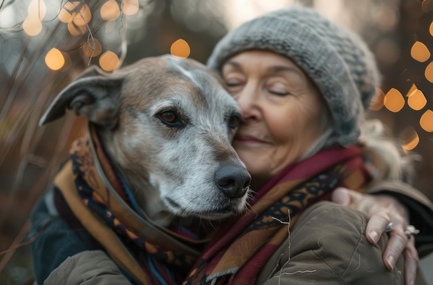 Un abrazo conmovedor entre una mujer mayor y su perro IA generativa