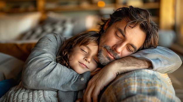 Un abrazo consolador a un niño cansado en el sofá del salón con un padre preocupado Generativo Ai