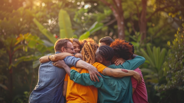 Foto el abrazo en grupo en la naturaleza