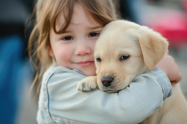 El abrazo protector de un cachorro por parte de los niños