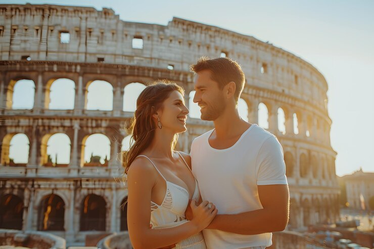Un abrazo romántico al atardecer en el Coliseo de Roma