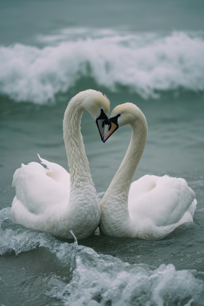 Un abrazo sereno entre dos cisnes enamorados, una elegante muestra de adoración y unidad en el vínculo afectuoso del cisne, un símbolo de tranquilidad y compañía eterna en el mundo natural.
