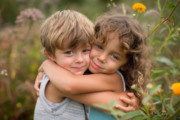 Un abrazo sincero entre hermanos en un campo de flores que muestra afecto y amor genuinos