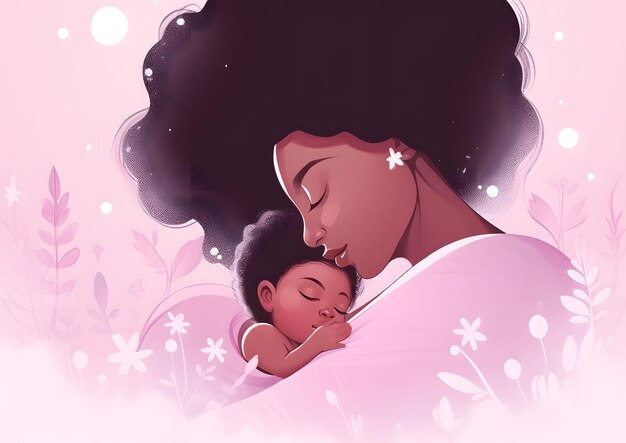 Foto abrazo tierno de una madre negra sosteniendo a su bebé en un fondo pastel rosa ia generativa