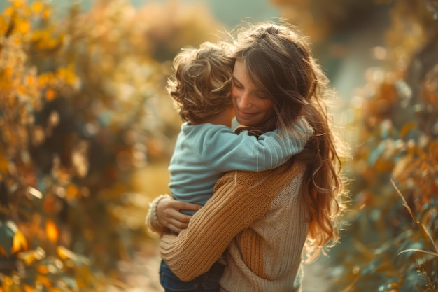 Abrazos tiernos entre madre e hijo en el cálido paisaje de otoño Momentos de amor y cuidado en la naturaleza