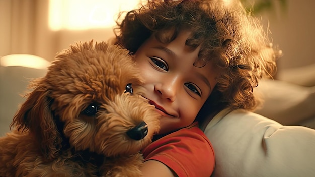 Abrazos tiernos de un niño lindo y un perro peludo Amistad y sentimientos tiernos entre humanos y animales