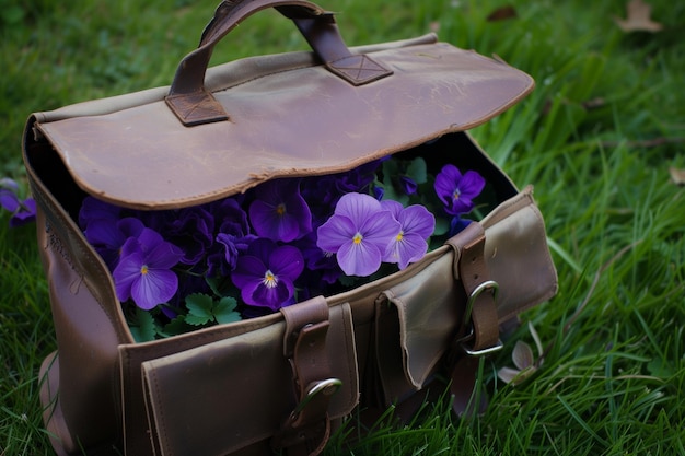 Foto abre la bolsa en los racimos de hierba de violetas en el interior