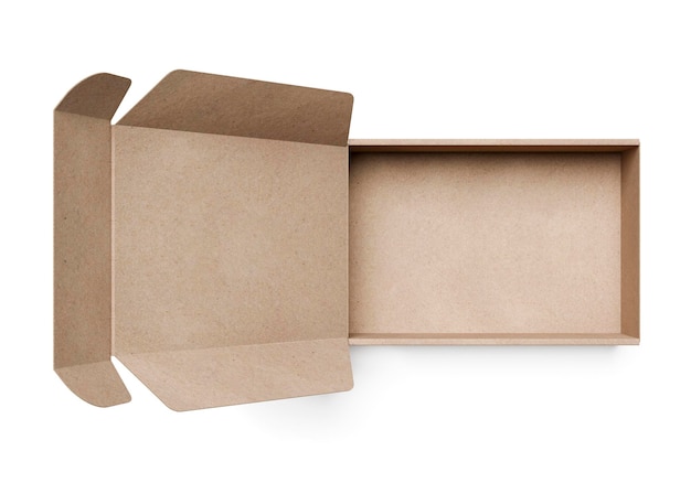 Abre una caja de cartón marrón vacía sobre un fondo blanco