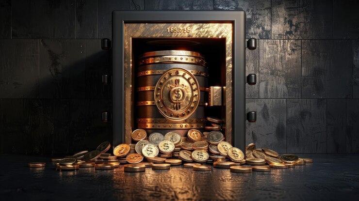Abre la caja fuerte con monedas esparcidas Concepto de seguridad y riqueza Fotografía de estudio