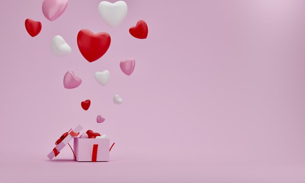 Abre una caja de regalos con un corazón de globo en fondo de color rosa Idea para la madre Día de San Valentín cumpleaños renderización 3D