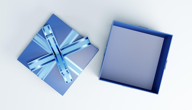 Abre una caja de regalos de Navidad azul con una cinta azul claro sobre un fondo blanco