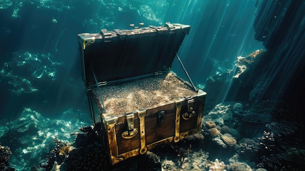 Foto abre el cofre del tesoro hundido en el fondo del mar