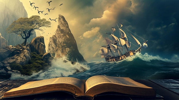 Foto abre el libro aventura tesoros piratas barcos de vela aventura generativo ai
