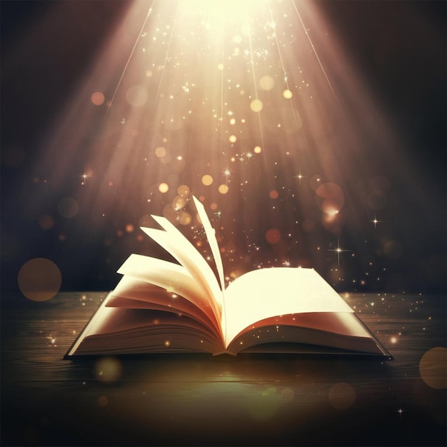 Abre el libro de la Biblia sagrada en una mesa de madera con luz bokeh dorada
