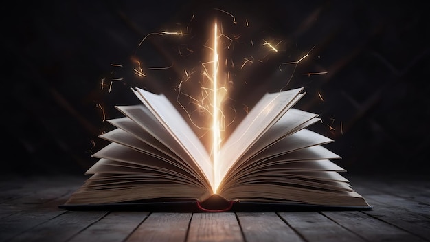 Abre un libro mágico con luz saliendo generativa ai