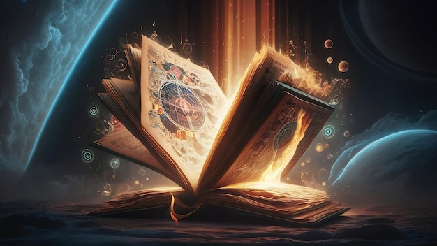 Abre un libro mágico con luz saliendo generativa ai