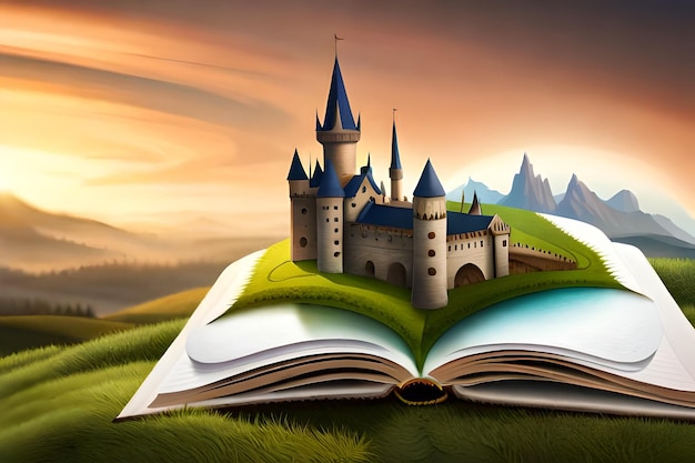 Abre un libro con un mundo de fantasía que surgeUna ilustración de castillo sobre un libroGenerativo