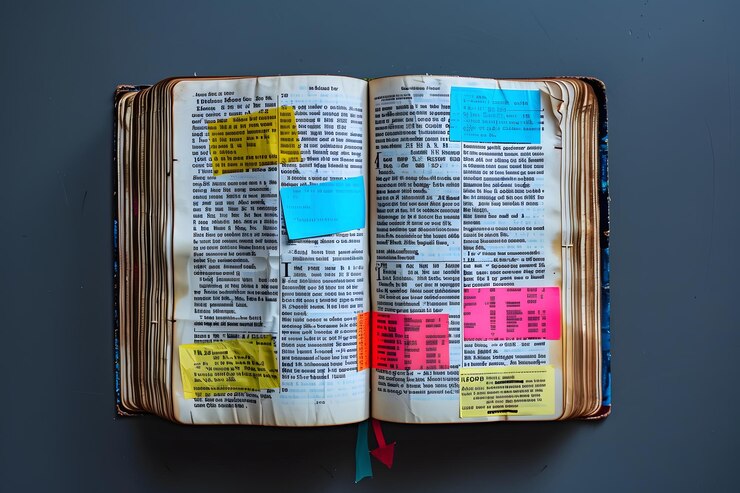 Abre un libro con notas adhesivas coloridas que resaltan la información clave