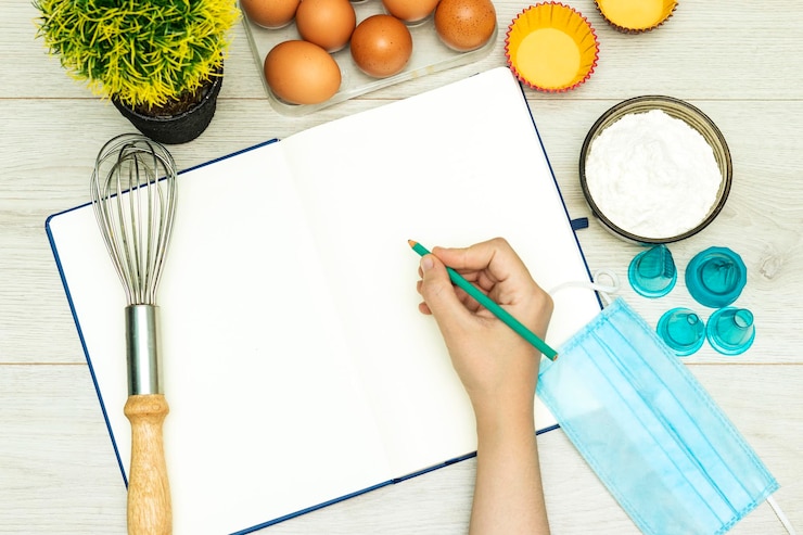 Foto abre un libro de recetas en blanco y lleva un lápiz, huevos, harina y máscara médica.
