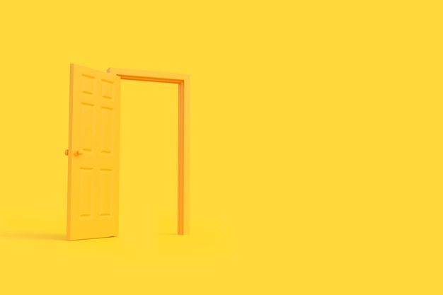 Abre una puerta amarilla en una habitación con un fondo amarillo Elemento de diseño arquitectónico renderizado en 3D