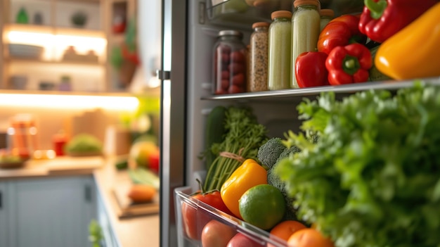 Abre el refrigerador lleno de comida saludable