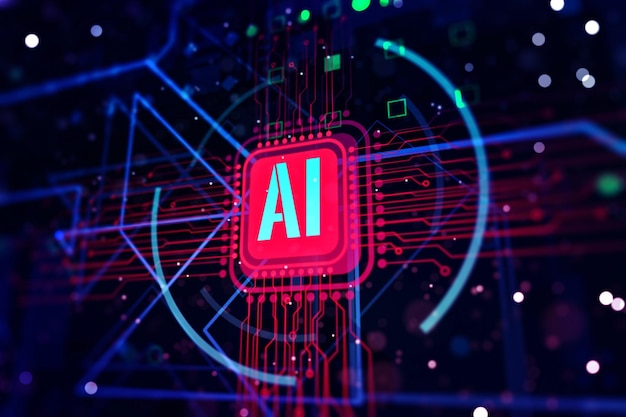 Abreviatura brillante AI en un fundamento de microchip Concepto de tecnología futura Representación 3D