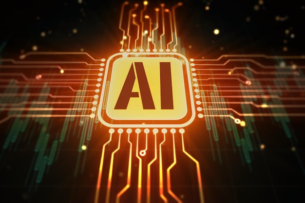 La abreviatura es inteligencia artificial en un microchip Concepto de aprendizaje automático Representación 3D