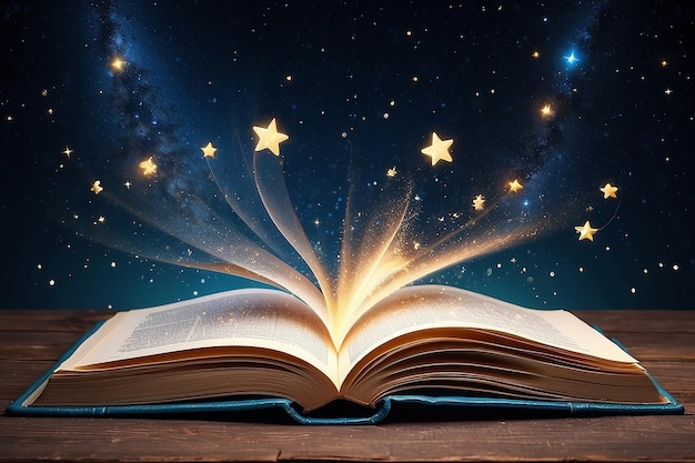 Abrió un libro mágico con estrellas brillantes.