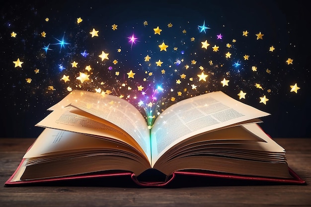 Foto abrió un libro mágico con estrellas brillantes.