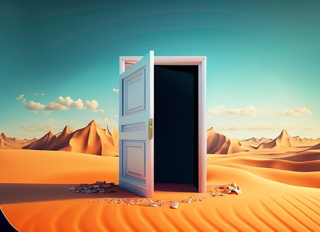 Abrió la puerta en el desierto desconocido y el concepto de arranque Esta es una ilustración 3D forma de IA