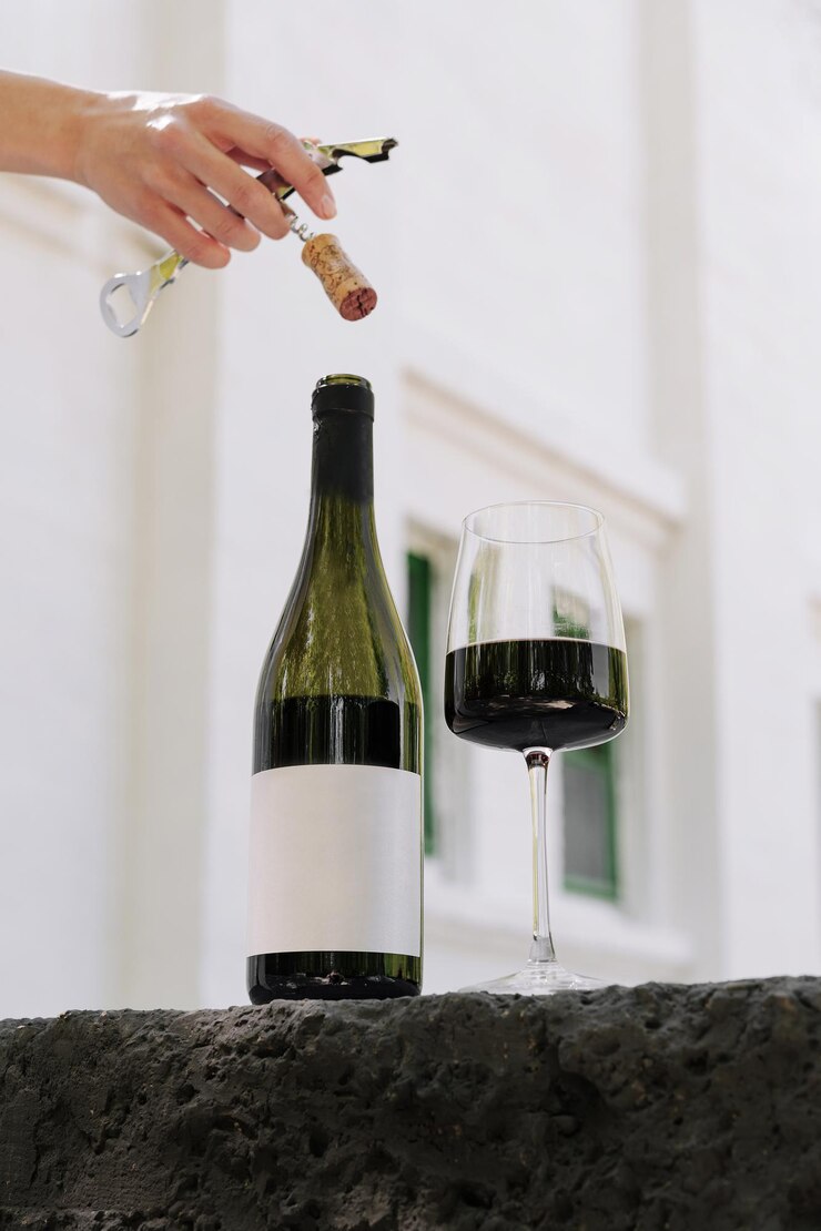 Abrir una botella de vino con un sacacorchos cerca de un vaso de vino tinto en un jardín brillante