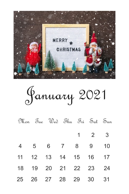 Foto abrir calendario enero 2021, composición de navidad