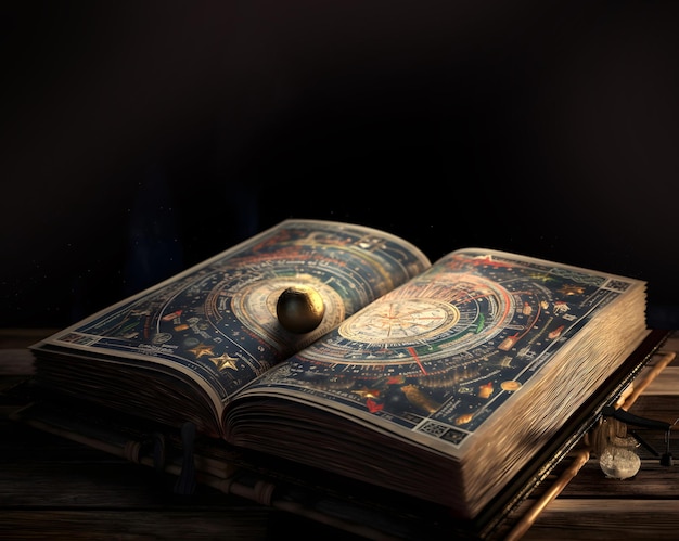 Abrir páginas del viejo libro mágico Astrología concepto esotérico del zodíaco AI generativa