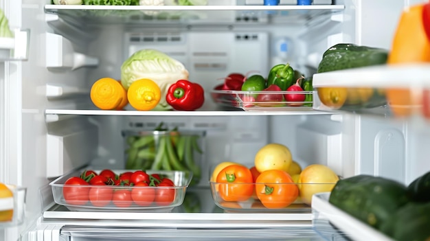 Abrir el refrigerador con verduras frescas en los estantes